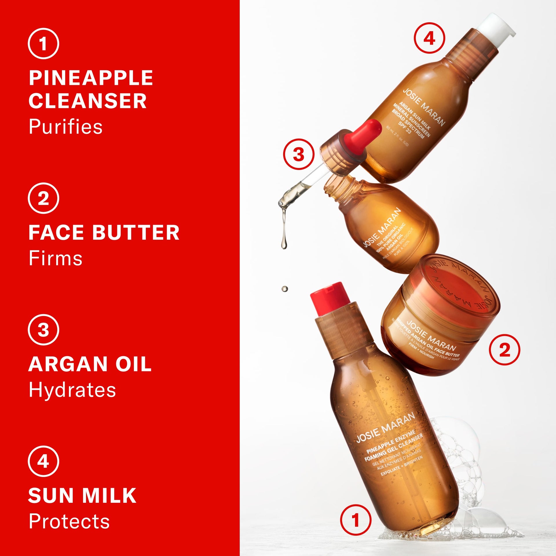 Pineapple cleanser purifies. Face butter firms. Argan oil hydrates. Sun milk protects.