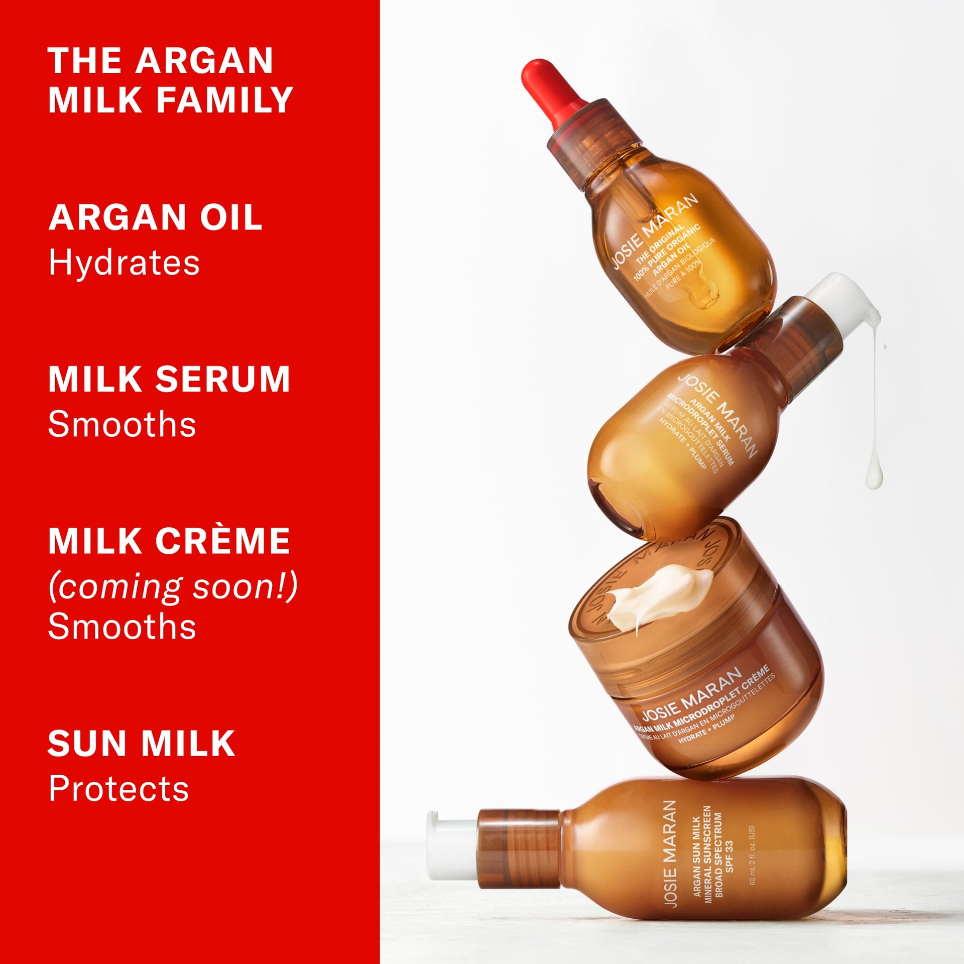 The Argan Milk Family: Argan Oil Hydrates, Milk Serum Smooths, Milk Creme (coming soon) Smooths, Sun Milk Protects