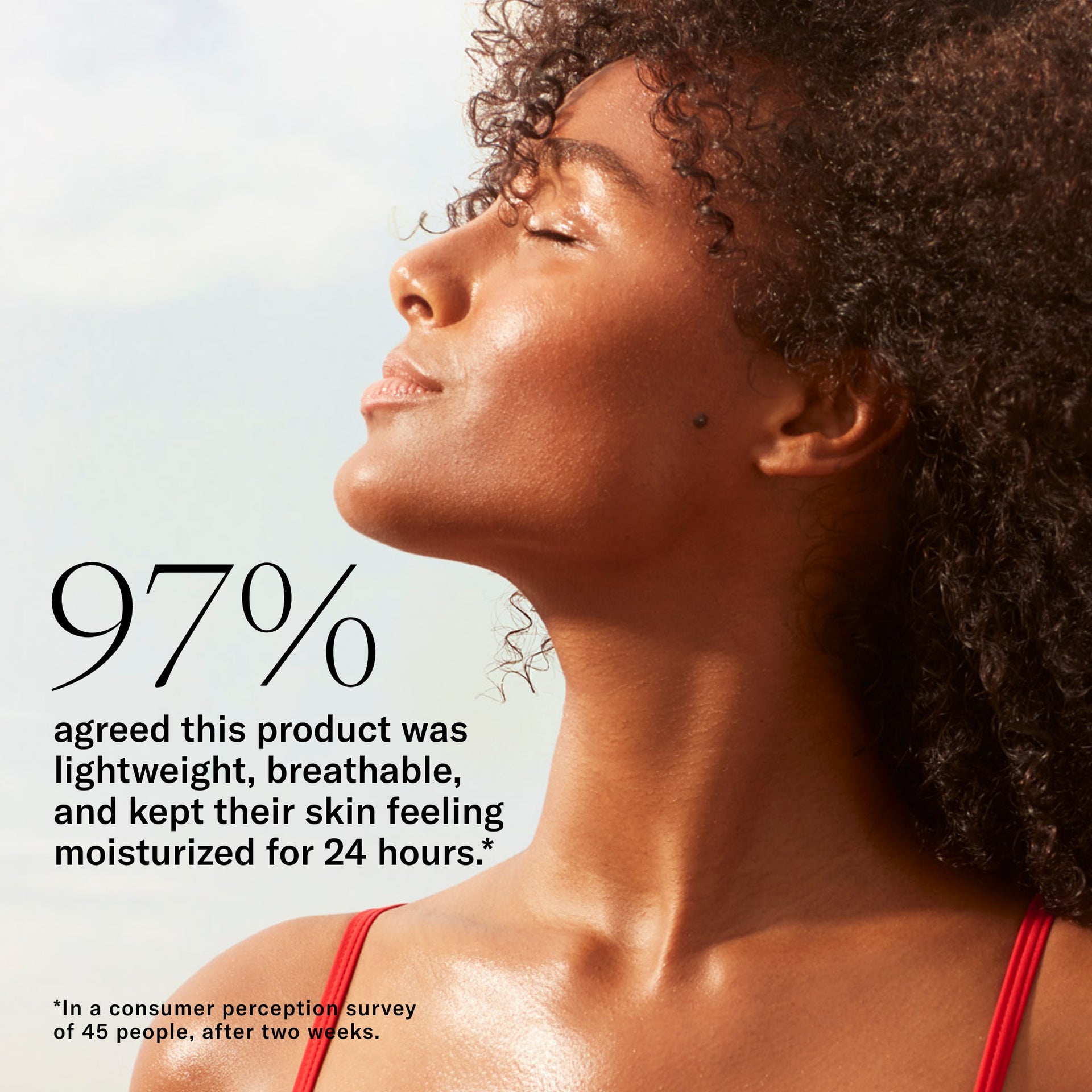 97% agreed this product was lightweight, breathable and kept their skin feeling moisturized for 24 hours. In a consumer perception survey of 45 people, after two weeks.