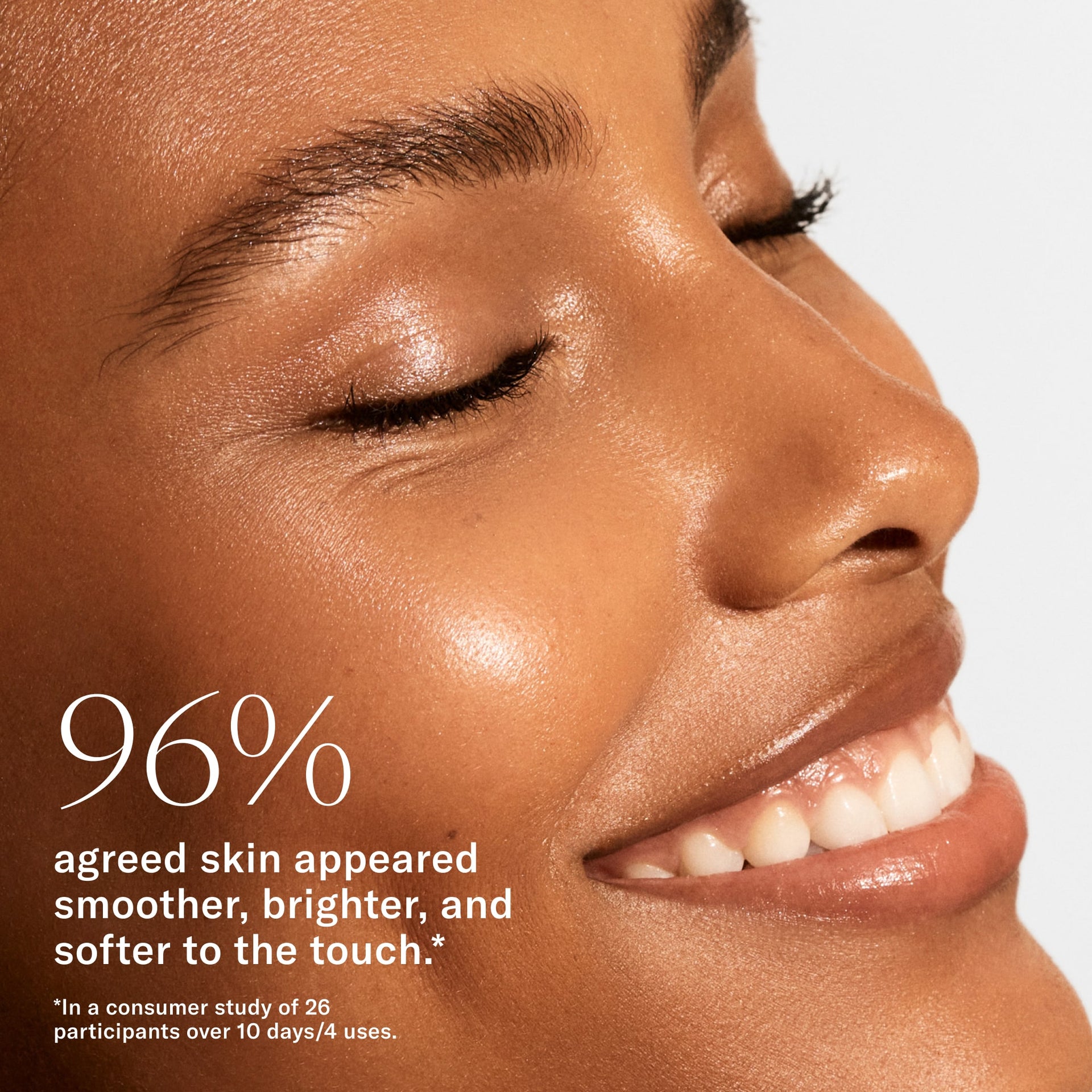 96% agreed skin appeared smoother, brighter, and softer to the touch. In a consumer study of 26 participants over 10 days/4 uses.